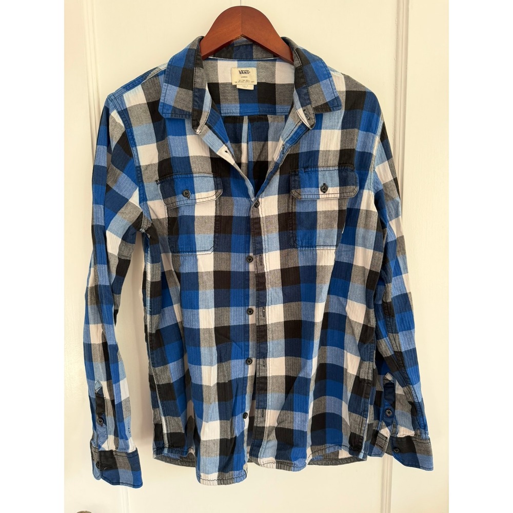 Vans Button Down Men Large Blue Black White Plaid Herringbone Long Sleeve Shirt